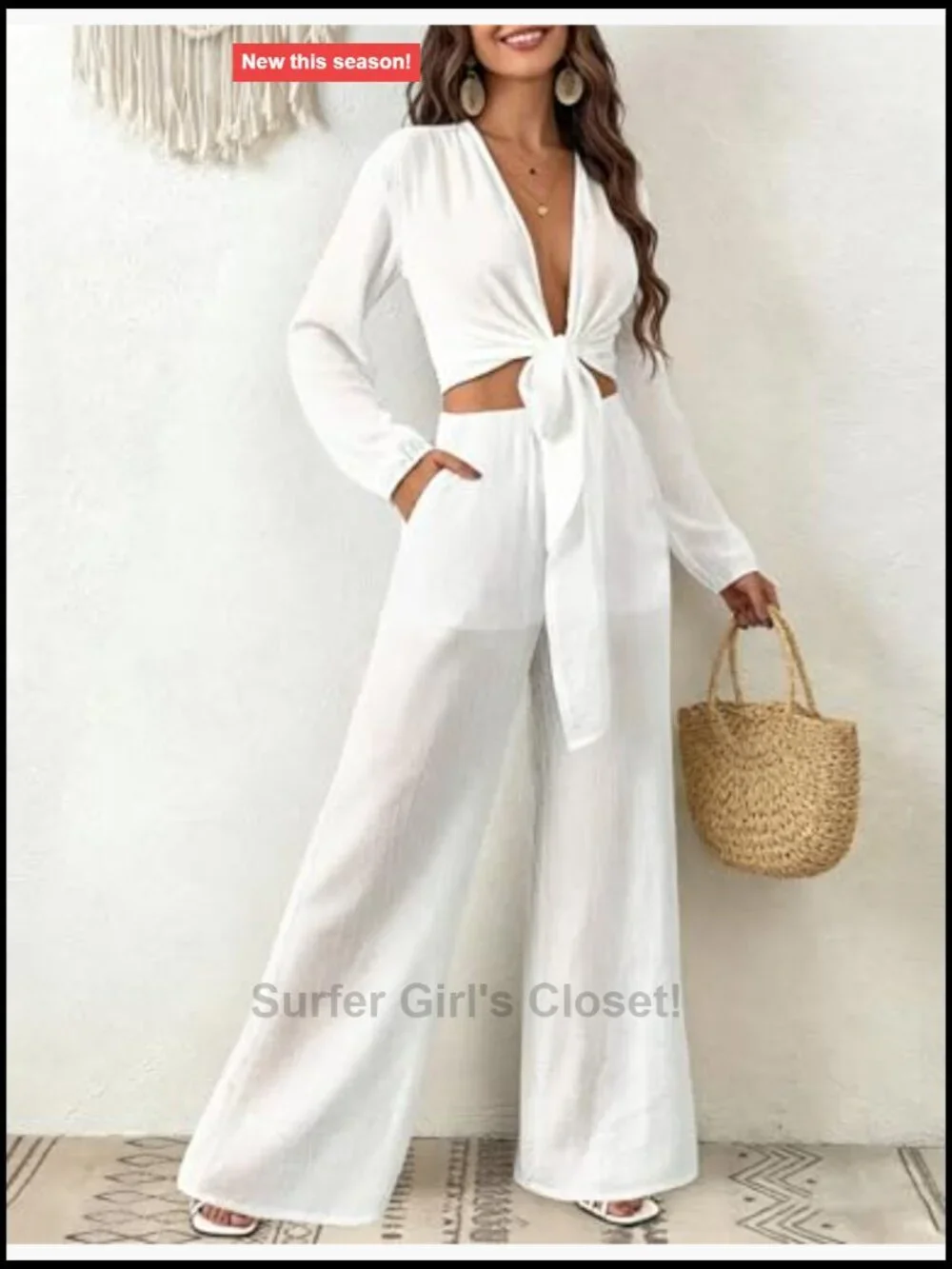 Women's 2 Piece Swim Cover Up Set Long Sleeve Tie Sheer Top Pant